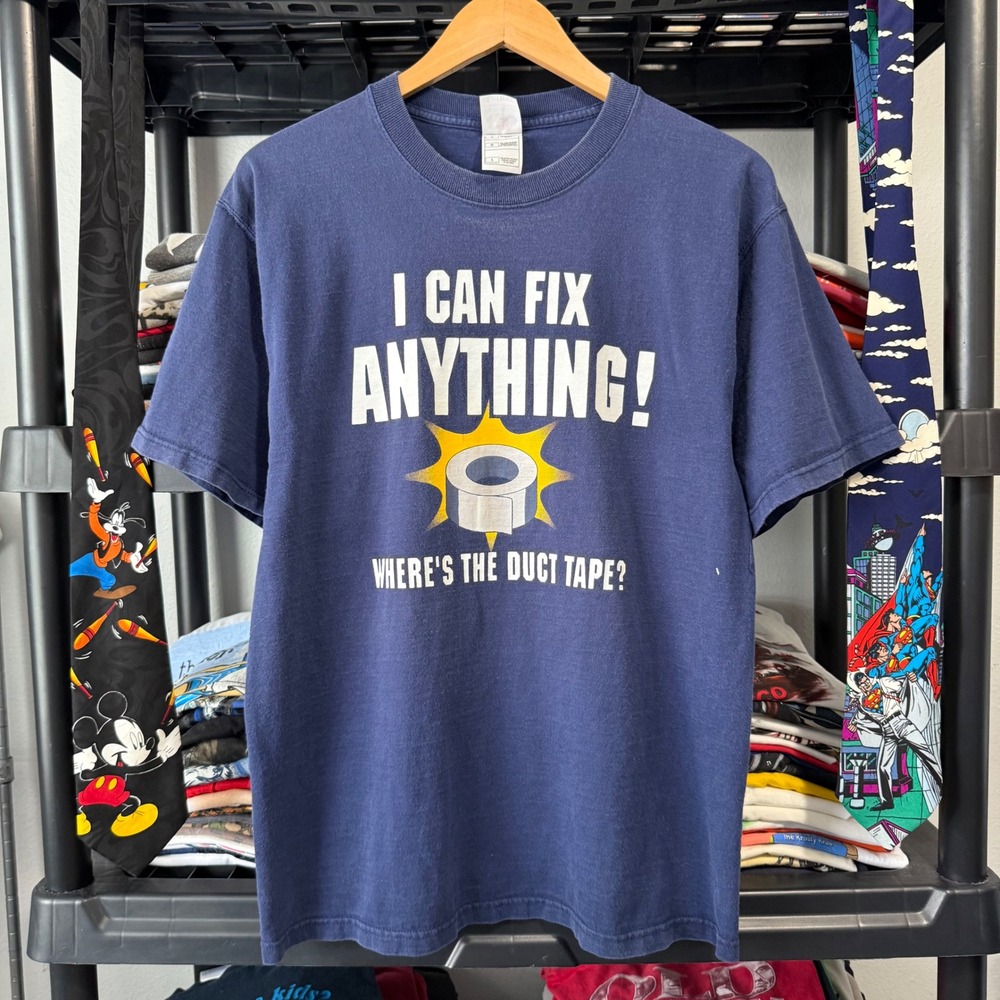 Y2K Navy I Can Fix Anything Duct Tape Graphic T-Shirt Large Light Fading
